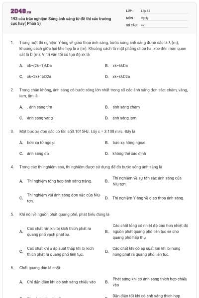 193 câu trắc nghiệm Sóng ánh sáng từ đề thi các trường cực hay( Phần 5)