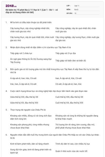 Đề kiểm tra 15 phút Địa Lí 11 Học kì 1 (Lần 1 - Đề 1 - có đáp án và thang điểm chi tiết)