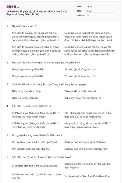 Đề kiểm tra 15 phút Địa Lí 11 Học kì 1 (Lần 1 - Đề 2 - có đáp án và thang điểm chi tiết)