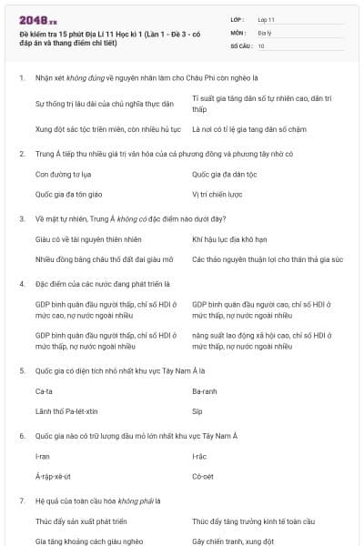 Đề kiểm tra 15 phút Địa Lí 11 Học kì 1 (Lần 1 - Đề 3 - có đáp án và thang điểm chi tiết)