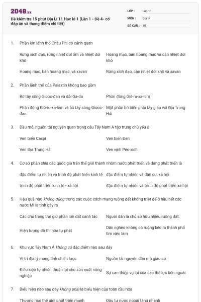 Đề kiểm tra 15 phút Địa Lí 11 Học kì 1 (Lần 1 - Đề 4- có đáp án và thang điểm chi tiết)
