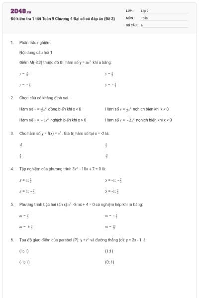 Đề kiểm tra 1 tiết Toán 9 Chương 4 Đại số có đáp án (Đề 3)