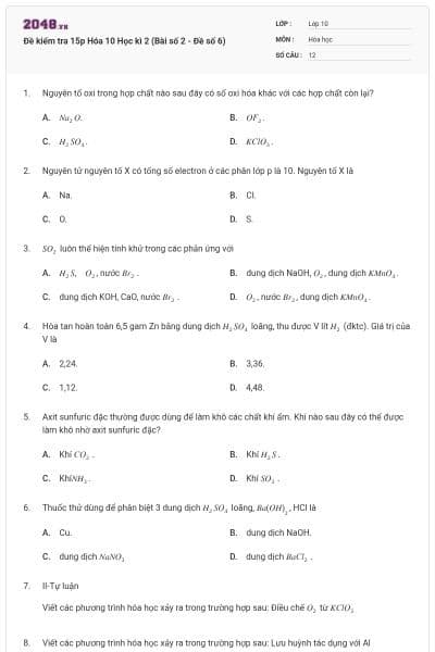 Đề kiểm tra 15p Hóa 10 Học kì 2 (Bài số 2 - Đề số 6)