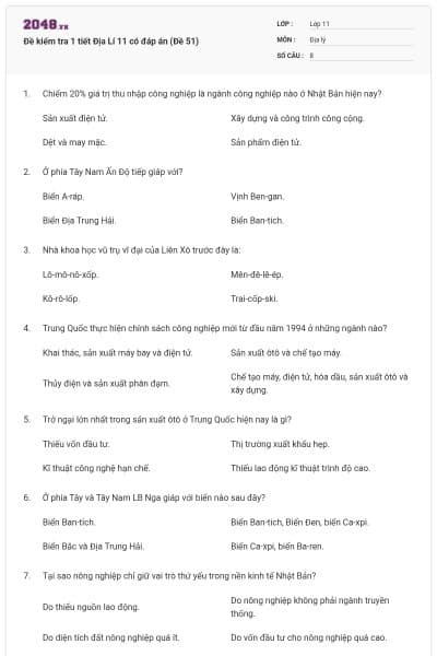 Đề kiểm tra 1 tiết Địa Lí 11 có đáp án (Đề 51)