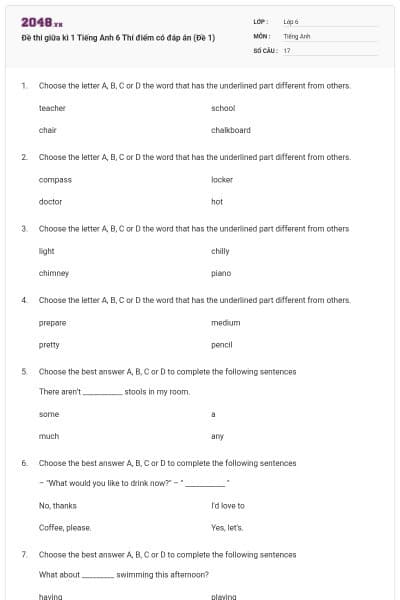 Đề thi giữa kì 1 Tiếng Anh 6 Thí điểm có đáp án (Đề 1)