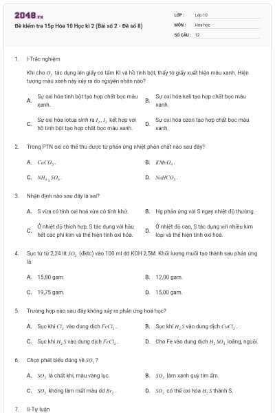 Đề kiểm tra 15p Hóa 10 Học kì 2 (Bài số 2 - Đề số 8)