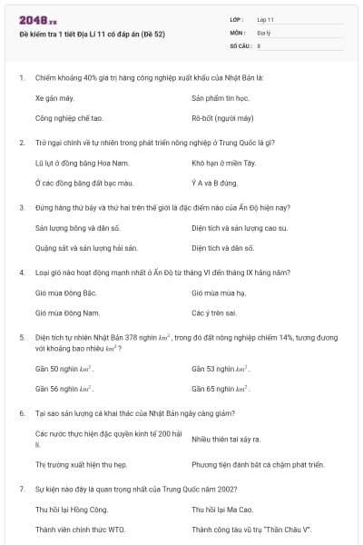Đề kiểm tra 1 tiết Địa Lí 11 có đáp án (Đề 52)