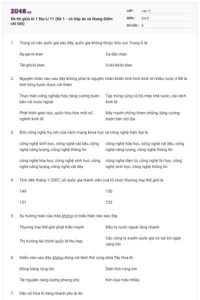 Đề thi giữa kì 1 Địa Lí 11 (Đề 1 - có đáp án và thang điểm chi tiết)