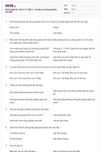 Đề thi giữa kì 1 Địa Lí 11 (Đề 2 - có đáp án và thang điểm chi tiết)