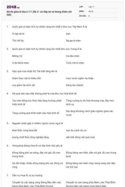 Đề thi giữa kì Địa Lí 11 (Đề 3- có đáp án và thang điểm chi tiết)
