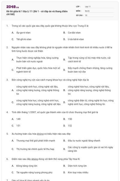 Đề thi giữa kì 1 Địa Lí 11 (Đề 1 - có đáp án và thang điểm chi tiết)