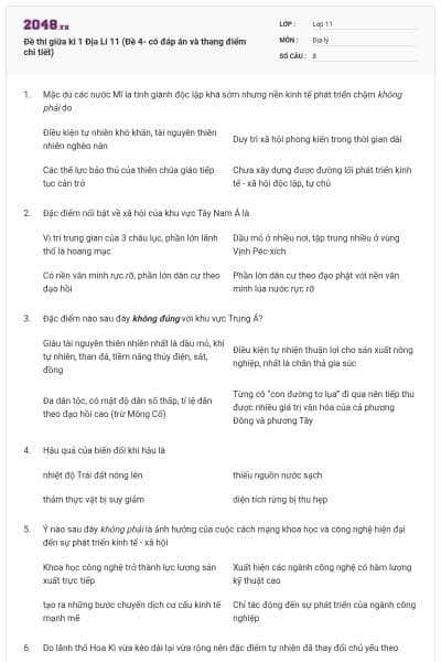 Đề thi giữa kì 1 Địa Lí 11 (Đề 4- có đáp án và thang điểm chi tiết)