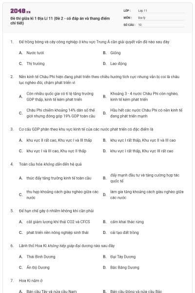 Đề thi giữa kì 1 Địa Lí 11 (Đề 2 - có đáp án và thang điểm chi tiết)