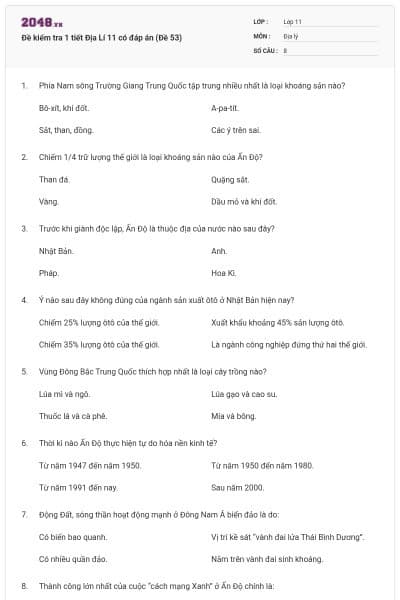 Đề kiểm tra 1 tiết Địa Lí 11 có đáp án (Đề 53)