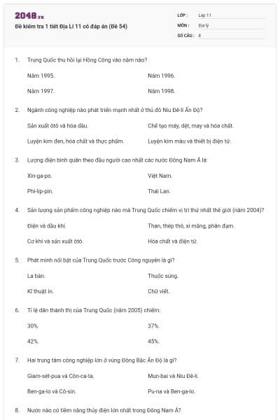 Đề kiểm tra 1 tiết Địa Lí 11 có đáp án (Đề 54)