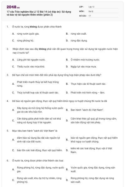 17 câu Trắc nghiệm Địa Lí 12 Bài 14 (có đáp án): Sử dụng và bảo vệ tài nguyên thiên nhiên (phần 2)