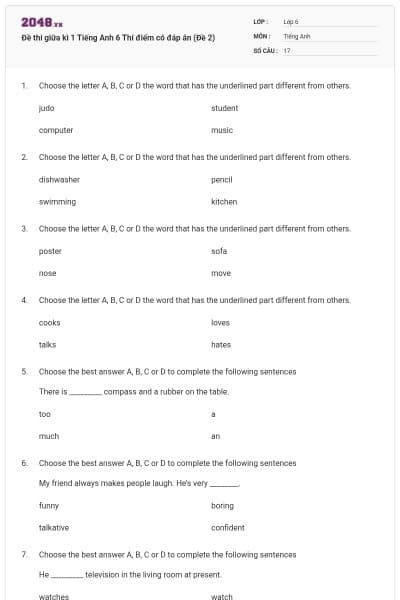 Đề thi giữa kì 1 Tiếng Anh 6 Thí điểm có đáp án (Đề 2)