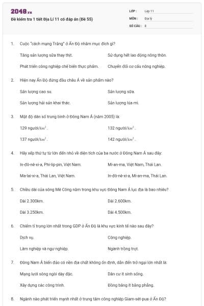Đề kiểm tra 1 tiết Địa Lí 11 có đáp án (Đề 55)