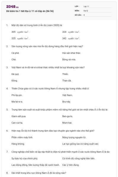 Đề kiểm tra 1 tiết Địa Lí 11 có đáp án (Đề 56)