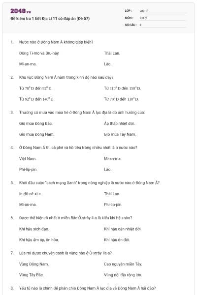 Đề kiểm tra 1 tiết Địa Lí 11 có đáp án (Đề 57)