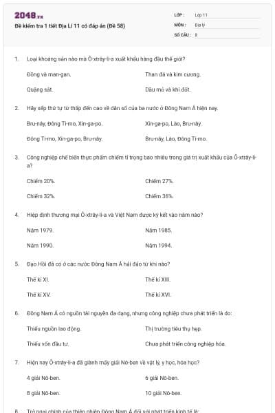 Đề kiểm tra 1 tiết Địa Lí 11 có đáp án (Đề 58)