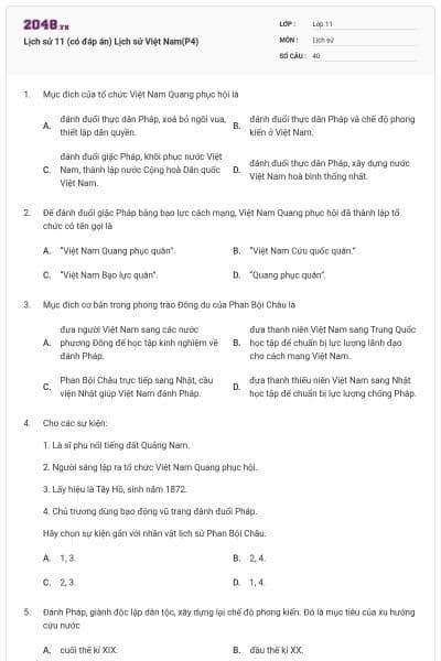 Lịch sử 11 (có đáp án) Lịch sử Việt Nam(P4)