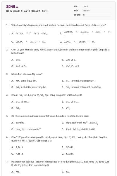 Đề thi giữa kì 2 Hóa 10 (Bài số 2 - Đề 1)