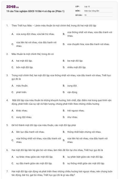 19 câu Trắc nghiệm GDCD 10 Bài 4 có đáp án (Phần 1)