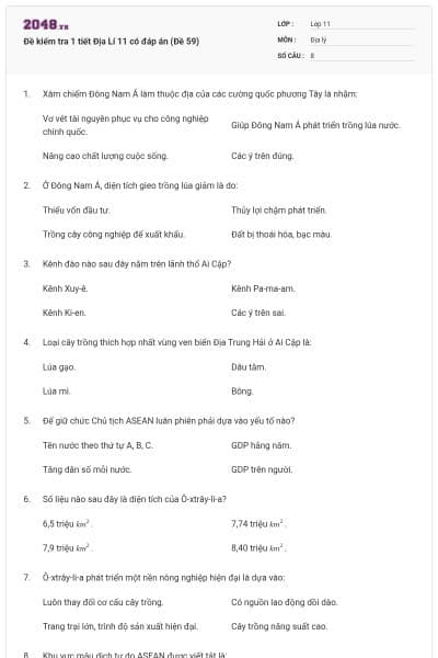 Đề kiểm tra 1 tiết Địa Lí 11 có đáp án (Đề 59)