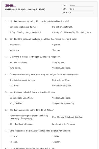 Đề kiểm tra 1 tiết Địa Lí 11 có đáp án (Đề 60)