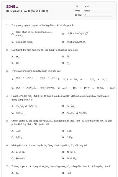 Đề thi giữa kì 2 Hóa 10 (Bài số 2 - Đề 3)