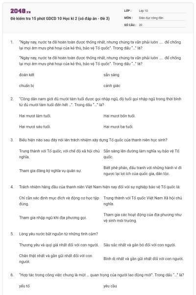 Đề kiểm tra 15 phút GDCD 10 Học kì 2 (có đáp án - Đề 3)