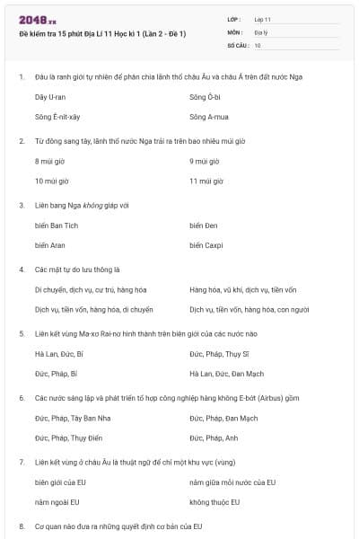 Đề kiểm tra 15 phút Địa Lí 11 Học kì 1 (Lần 2 - Đề 1)