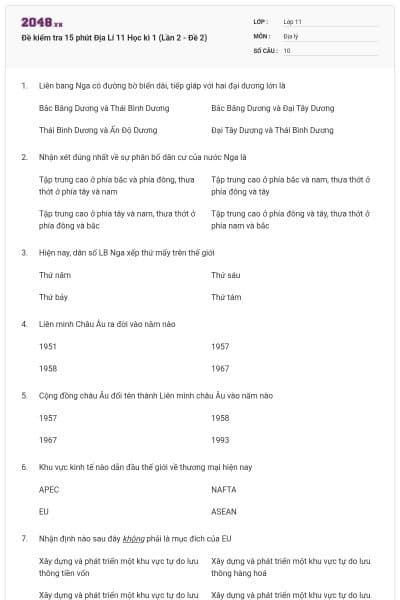 Đề kiểm tra 15 phút Địa Lí 11 Học kì 1 (Lần 2 - Đề 2)