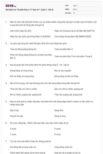 Đề kiểm tra 15 phút Địa Lí 11 Học kì 1 (Lần 2 - Đề 4)