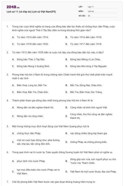 Lịch sử 11 (có đáp án) Lịch sử Việt Nam(P5)