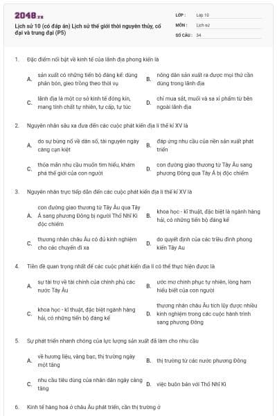 Lịch sử 10 (có đáp án) Lịch sử thế giới thời nguyên thủy, cổ đại và trung đại (P5)