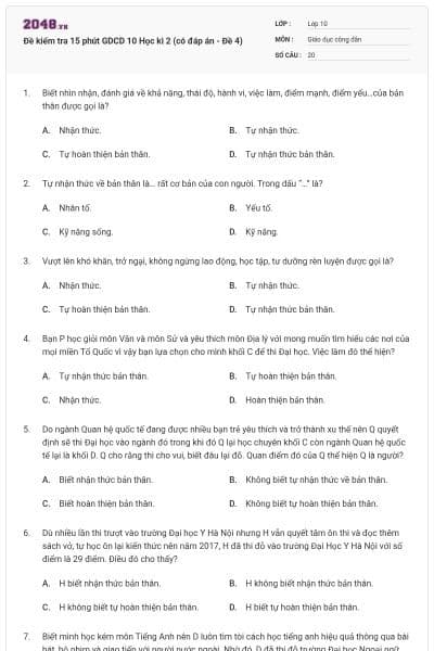 Đề kiểm tra 15 phút GDCD 10 Học kì 2 (có đáp án - Đề 4)