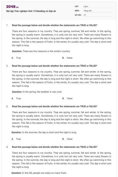 Bài tập Trắc nghiệm Unit 13 Reading có đáp án