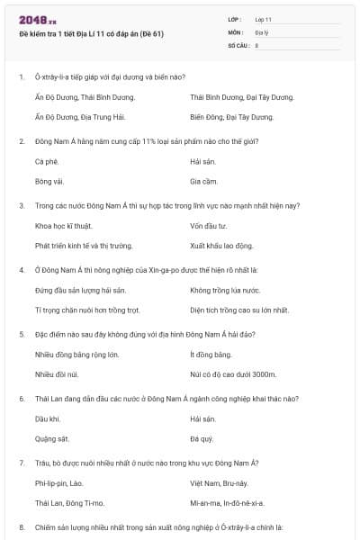 Đề kiểm tra 1 tiết Địa Lí 11 có đáp án (Đề 61)
