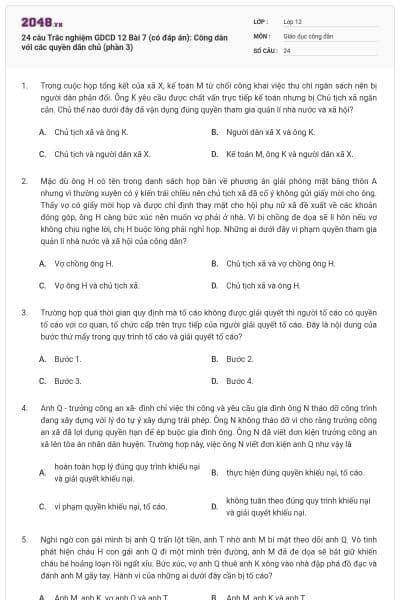 24 câu Trắc nghiệm GDCD 12 Bài 7 (có đáp án): Công dân với các quyền dân chủ (phần 3)