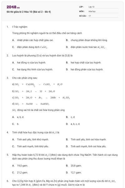 Đề thi giữa kì 2 Hóa 10 (Bài số 2 - Đề 4)