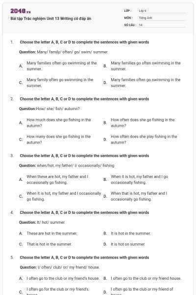 Bài tập Trắc nghiệm Unit 13 Writing có đáp án