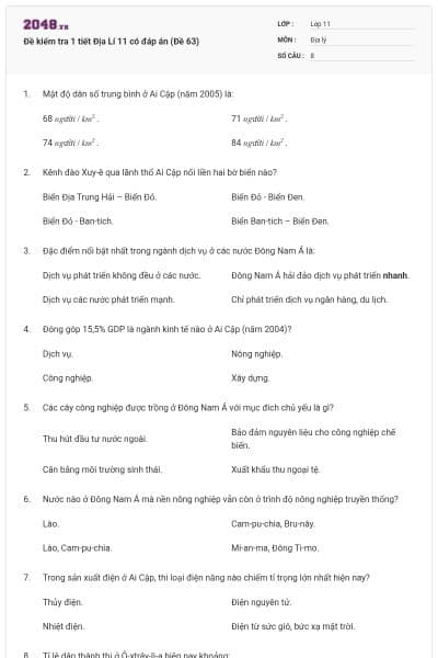 Đề kiểm tra 1 tiết Địa Lí 11 có đáp án (Đề 63)