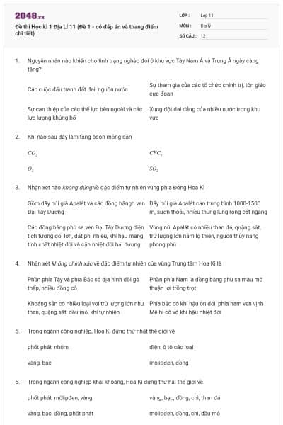 Đề thi Học kì 1 Địa Lí 11 (Đề 1 - có đáp án và thang điểm chi tiết)