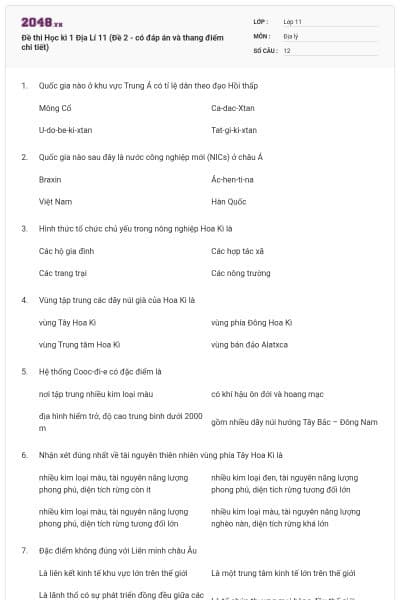 Đề thi Học kì 1 Địa Lí 11 (Đề 2 - có đáp án và thang điểm chi tiết)