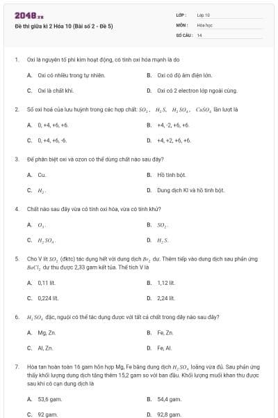 Đề thi giữa kì 2 Hóa 10 (Bài số 2 - Đề 5)