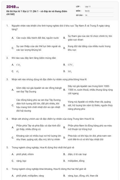 Đề thi Học kì 1 Địa Lí 11 (Đề 1 - có đáp án và thang điểm chi tiết)
