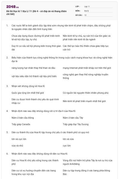 Đề thi Học kì 1 Địa Lí 11 (Đề 4 - có đáp án và thang điểm chi tiết)