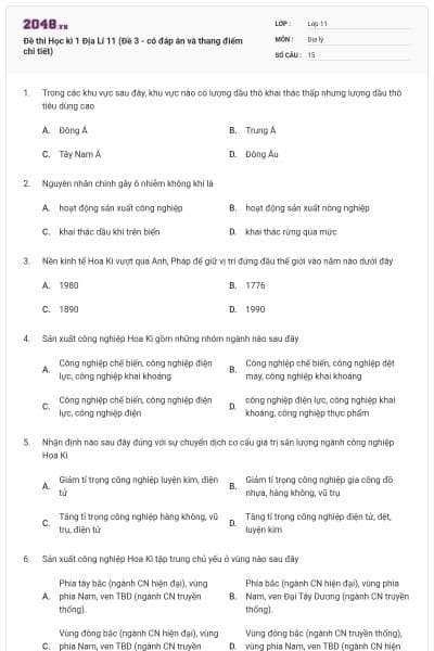 Đề thi Học kì 1 Địa Lí 11 (Đề 3 - có đáp án và thang điểm chi tiết)